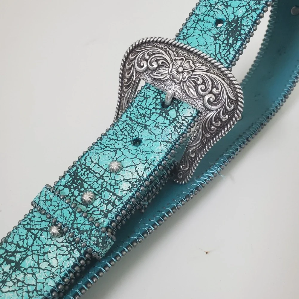 Roper Womens Turquoise Crackle Leather Western Belt Floral Buckle Size L 8486790